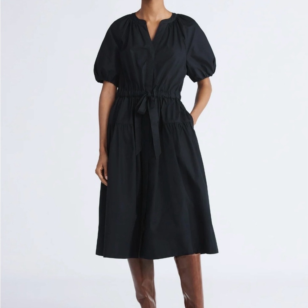 Puff-Sleeve Black Tie-Waist Midi Dress